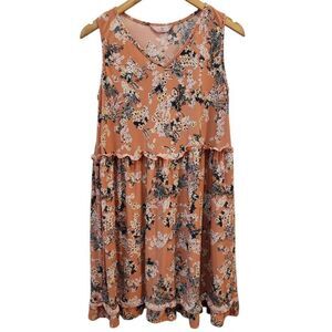 SJS sleeveless tunic top textured floral print light coral with ruffle small